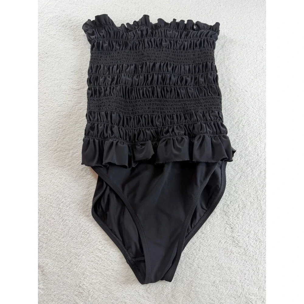 Tory Burch Black Smocked Ruffle One Piece Swimsuit Medium Strapless Convertible